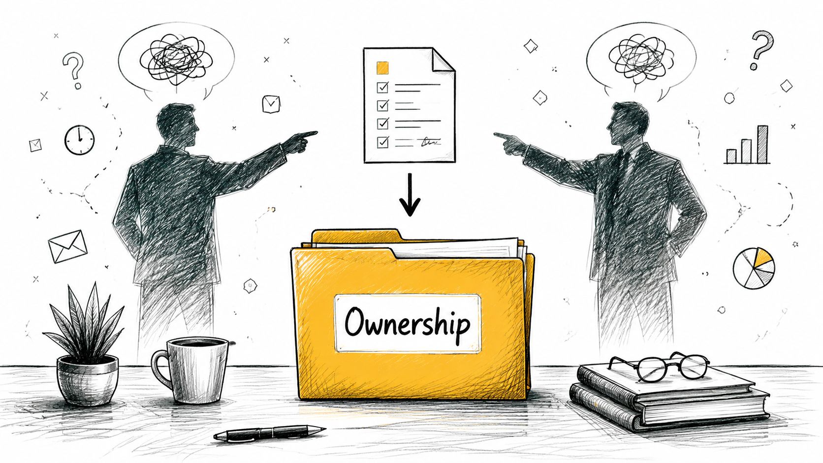 Two business people pointing at a document and folder labeled ownership, symbolizing professional responsibility and project management.