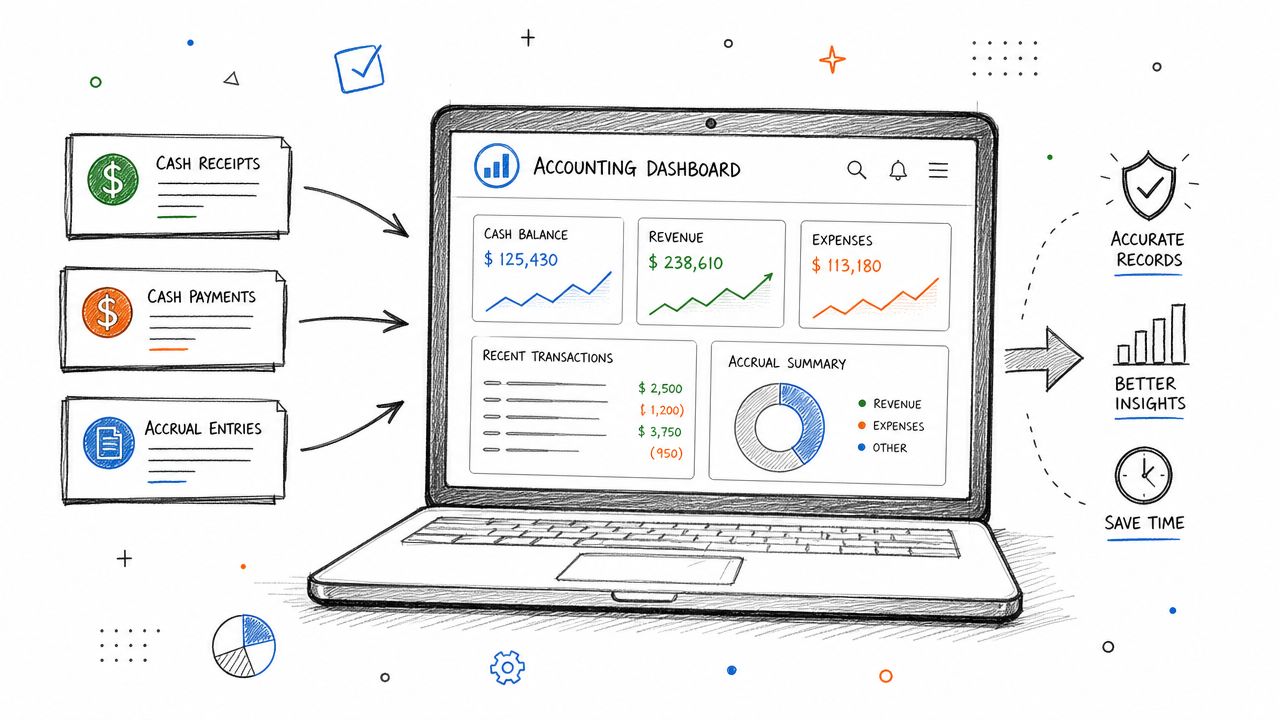 A hand-drawn illustration showing how cash and accrual accounting entries feed into an digital dashboard.