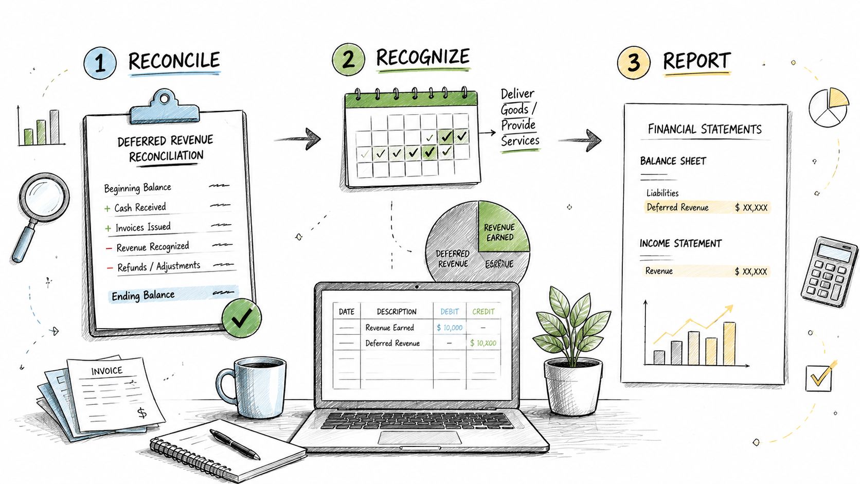 A hand-drawn infographic showing the three-step process of deferred revenue accounting: reconcile, recognize, and report financial results.