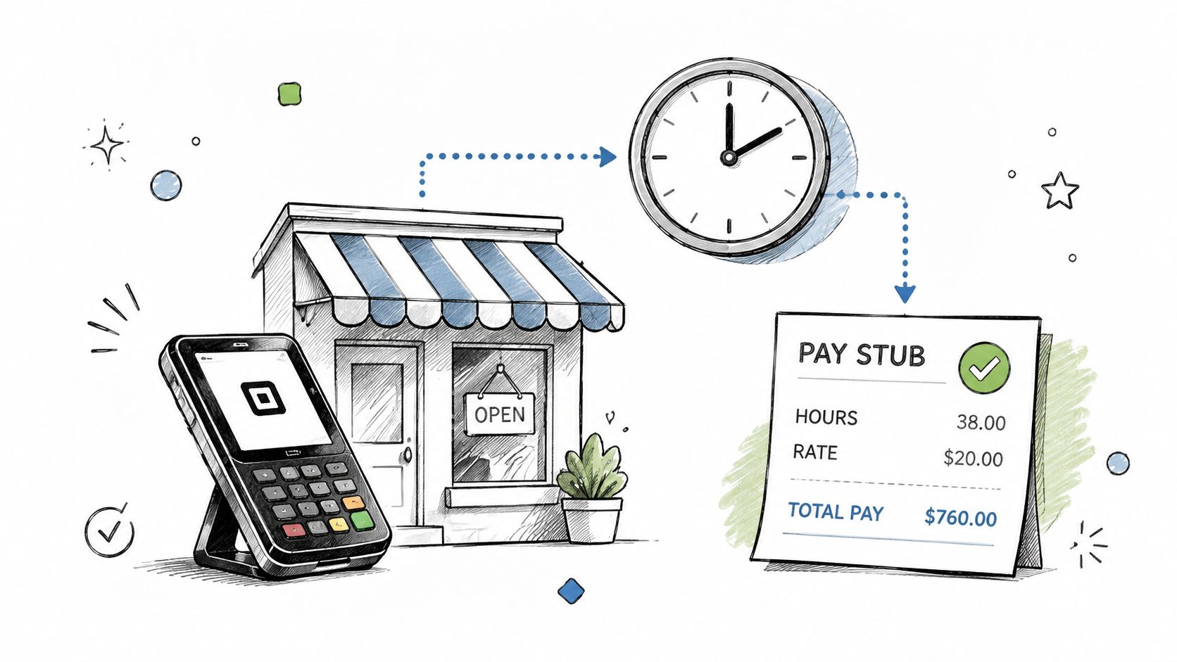 A sketched illustration showing a retail store, a clock, and a pay stub indicating employee payroll calculations.