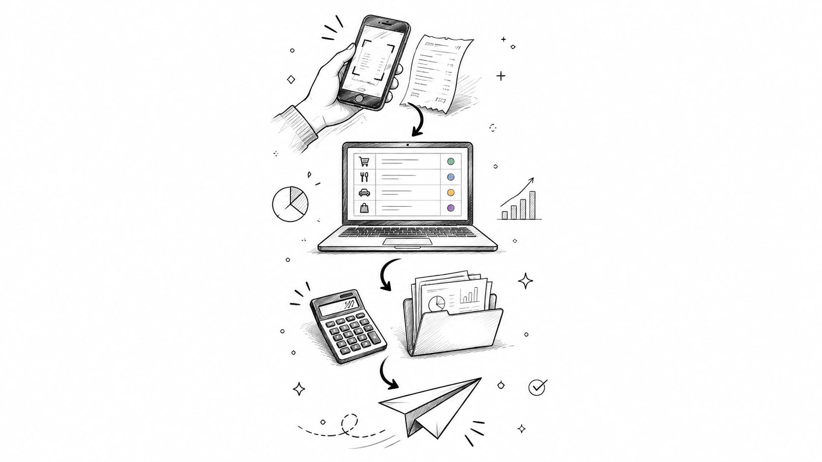A hand holding a smartphone scanning a receipt that transfers financial data to a laptop, calculator, and folder.