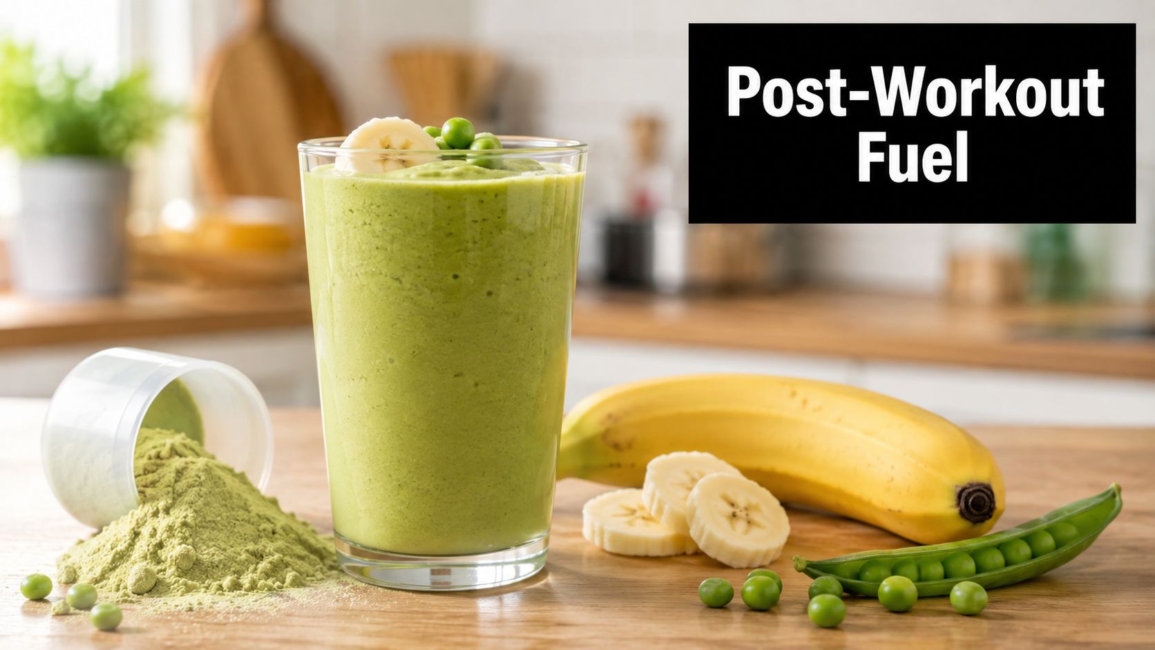 A green pea protein smoothie in a glass next to a banana and green peas.