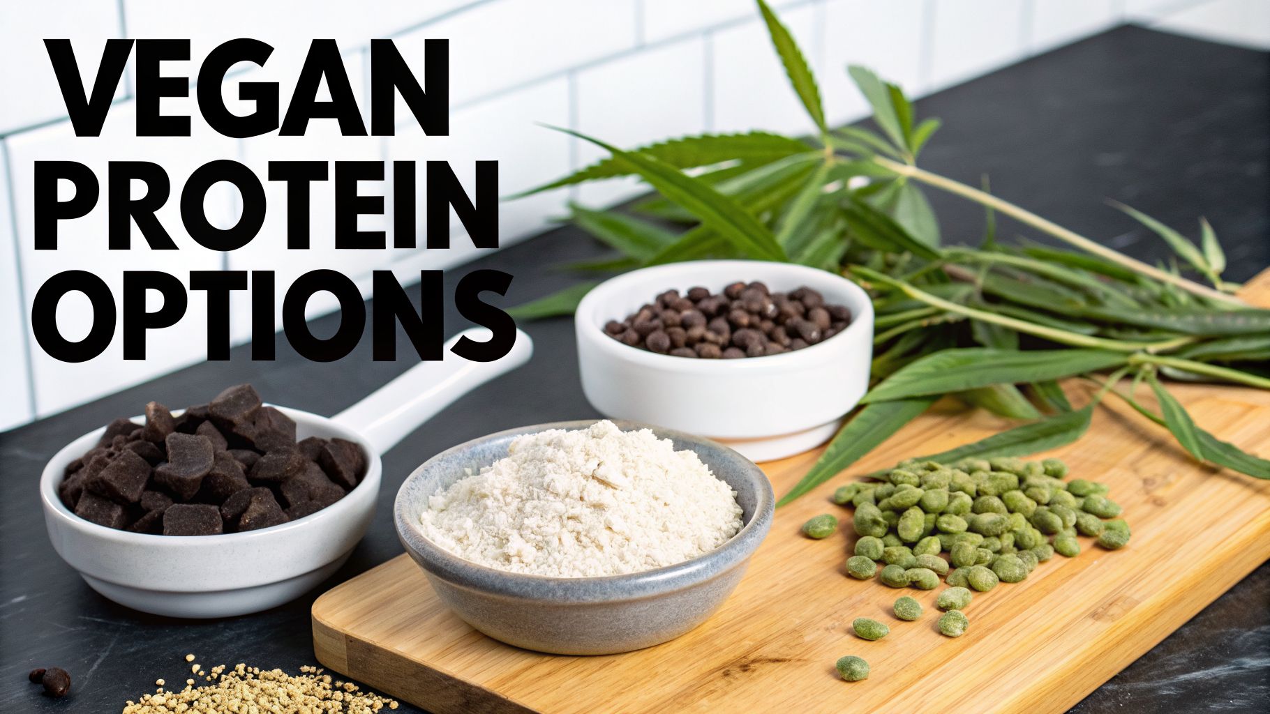 Various vegan protein sources including protein powder, dark chocolate, beans, and edamame.