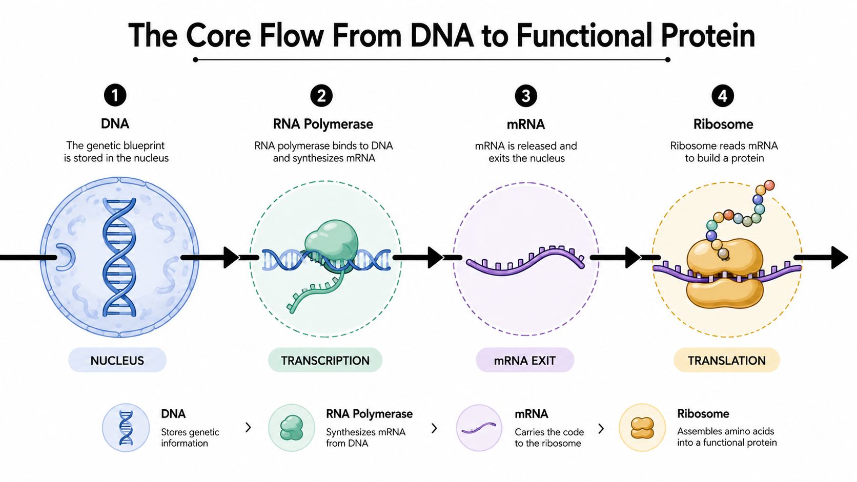 A diagram illustrating the core flow of protein synthesis from DNA to a functional protein.