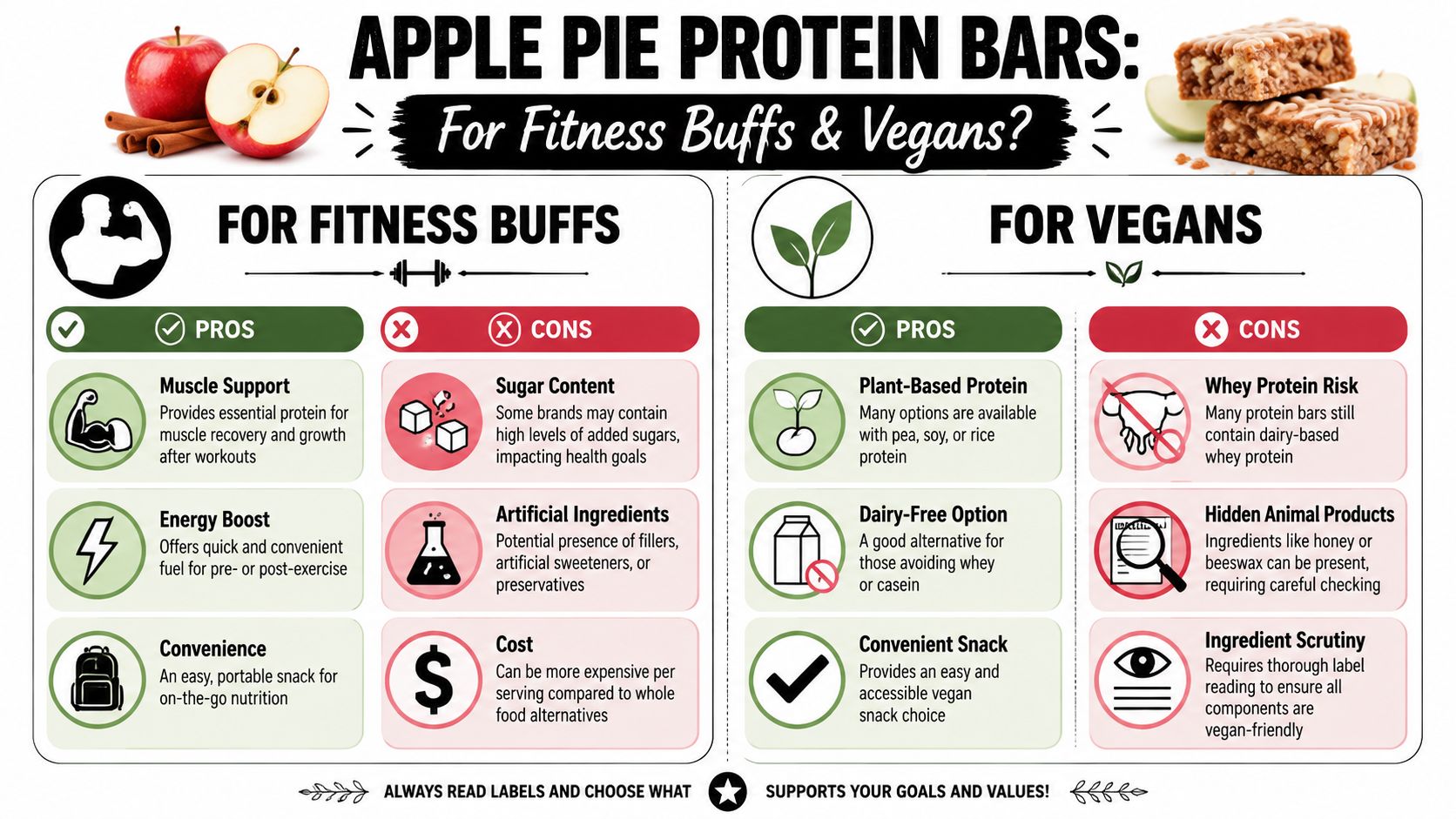 An infographic comparing pros and cons of apple pie protein bars for fitness buffs and vegans.