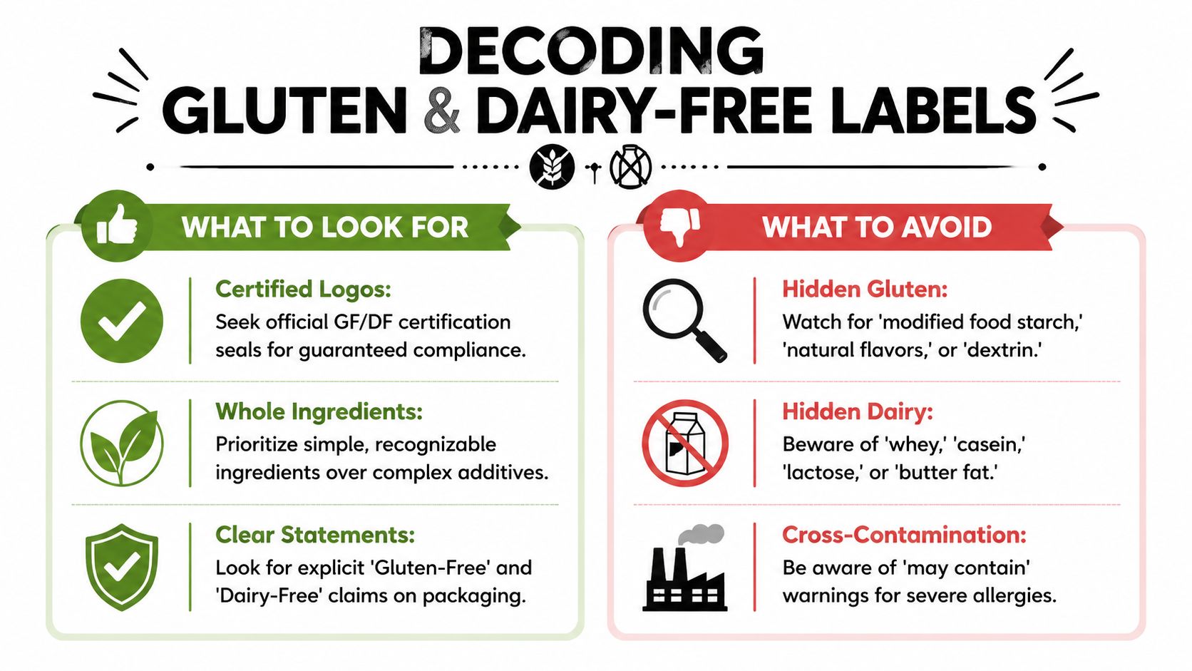 An infographic titled Decoding Gluten and Dairy-Free Labels listing key tips for identifying dietary-safe food products.