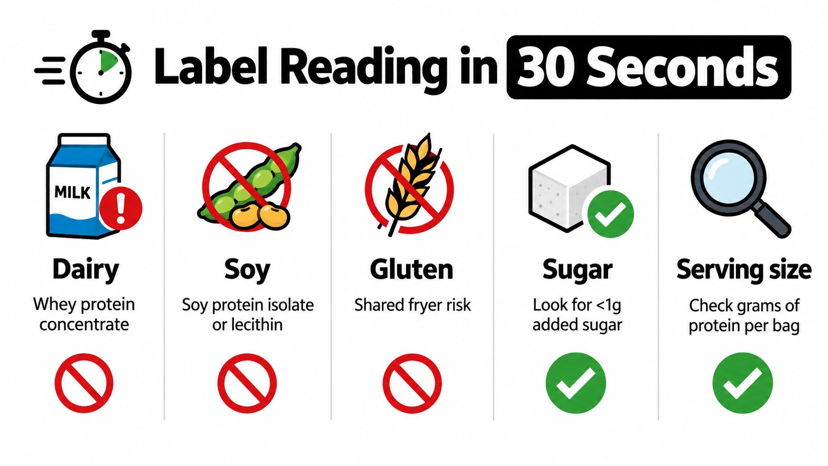 A simple infographic showing what to look for on food labels including dairy, soy, gluten, sugar, and serving size.