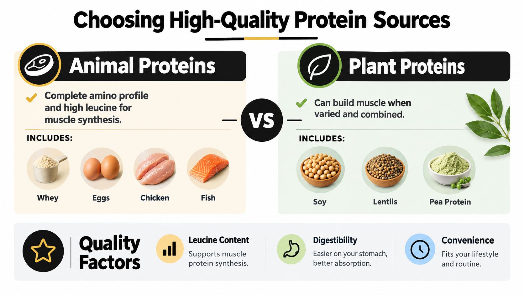An infographic comparing animal and plant protein sources based on quality factors like leucine content and digestibility.