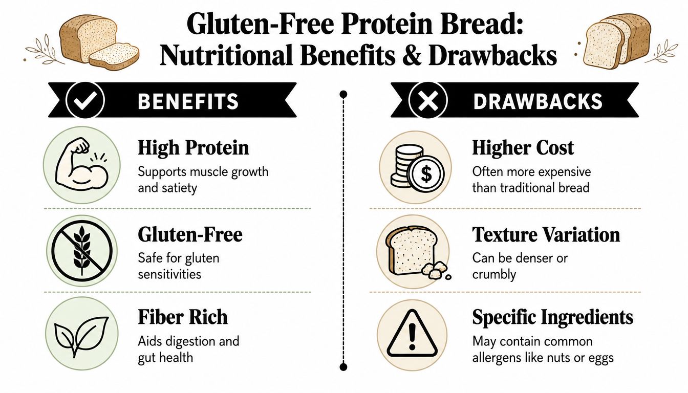 An infographic outlining the nutritional benefits and potential drawbacks of consuming gluten-free protein bread.