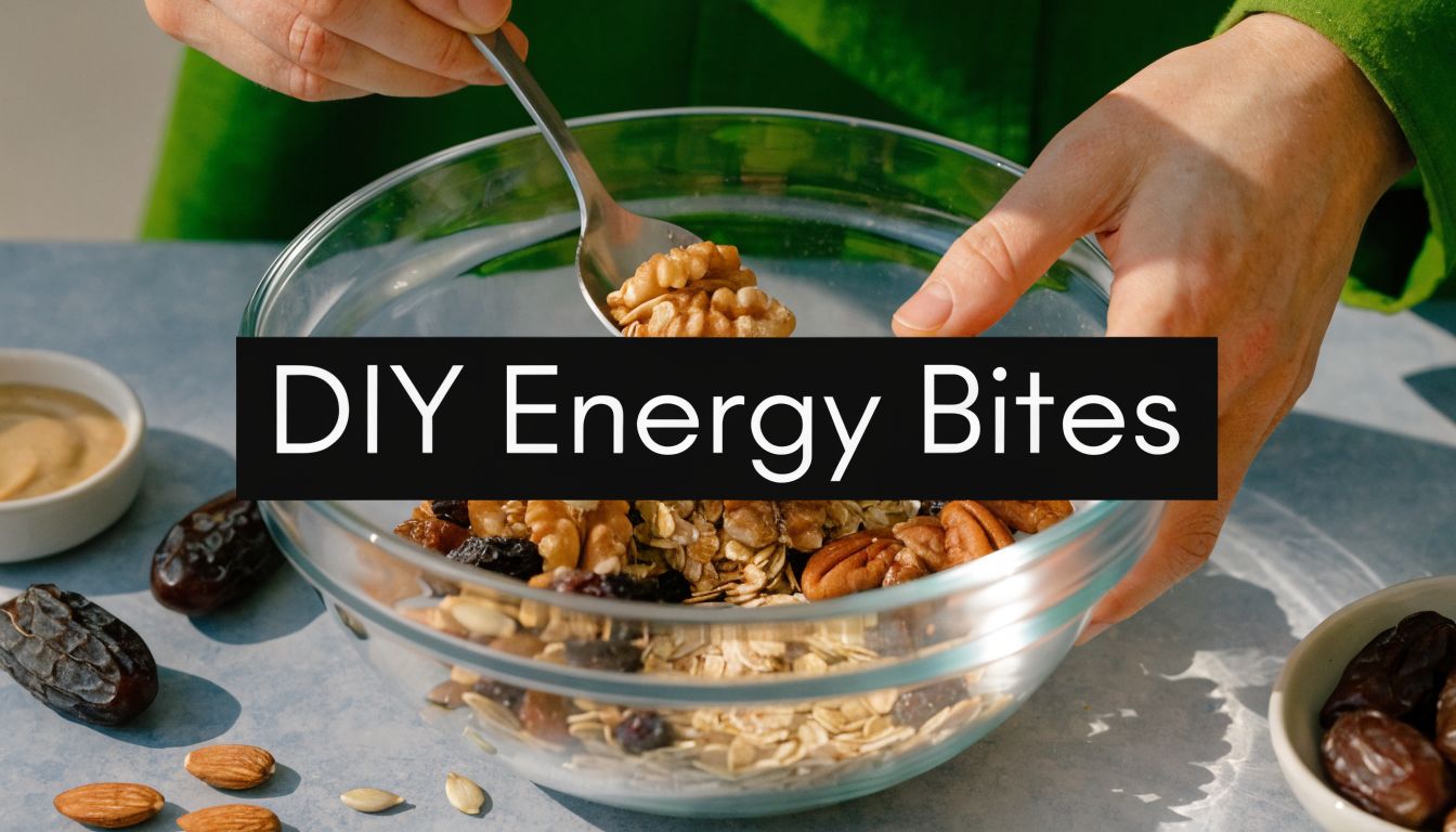 A pair of hands preparing healthy DIY energy bites with oats, nuts, and dried fruit in a bowl.