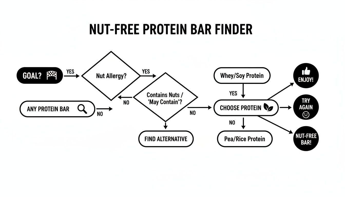 Flowchart titled 'Nut-Free Protein Bar Finder' guiding users through allergy and protein choices.