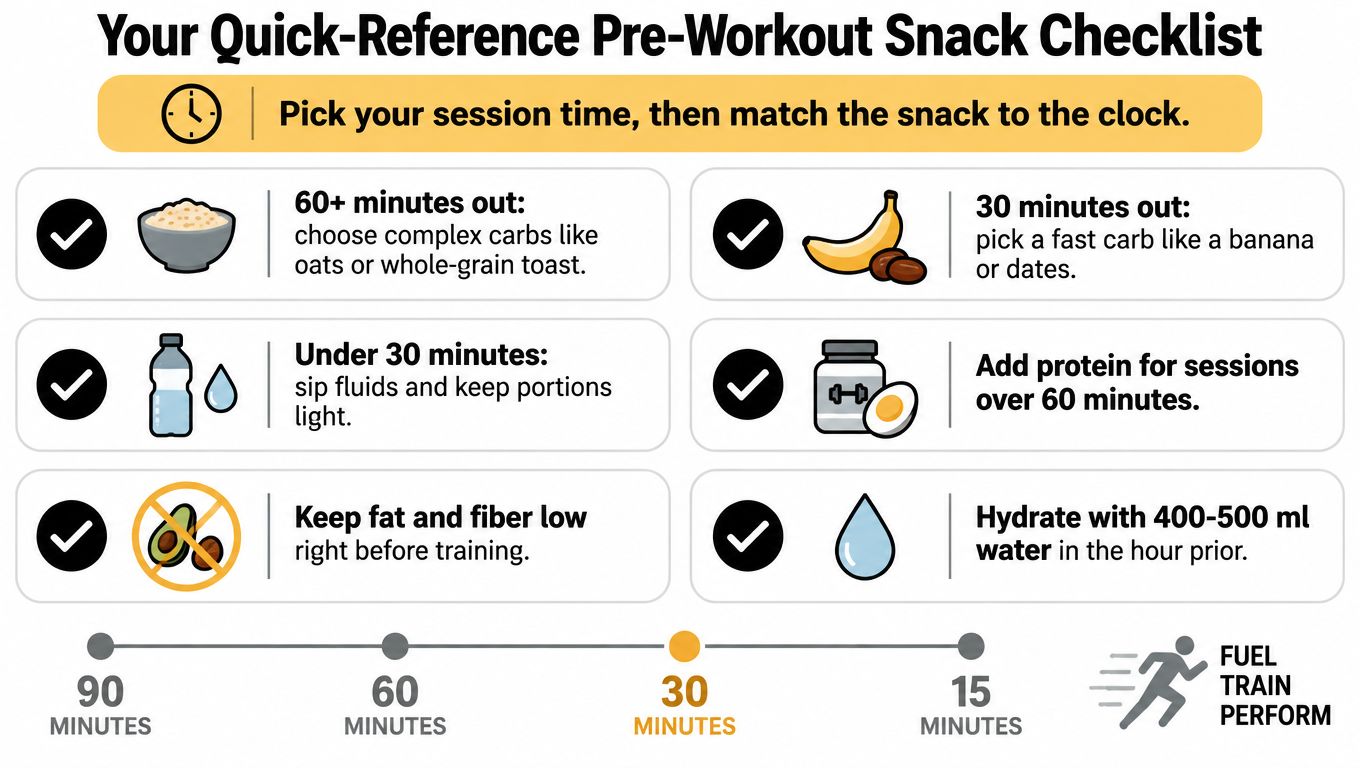 A quick-reference infographic guide providing tips on choosing the right pre-workout snacks based on timing.
