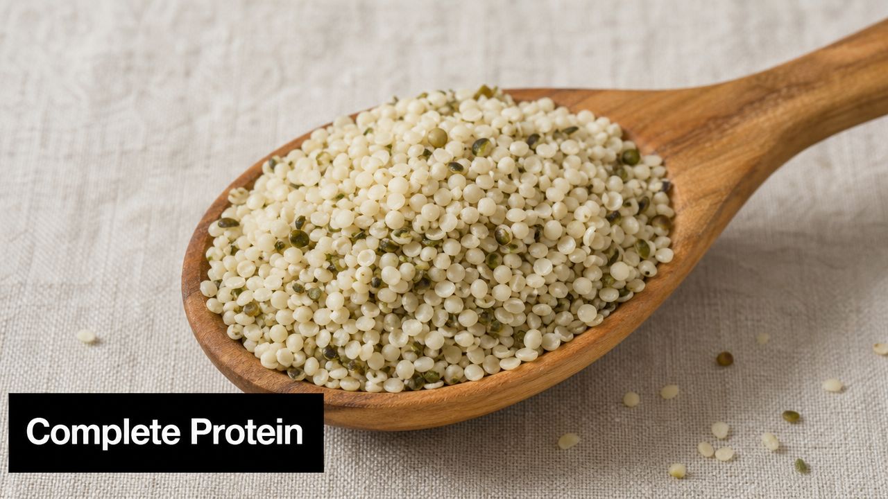 A wooden spoon filled with raw hemp hearts resting on a light textured linen fabric background.