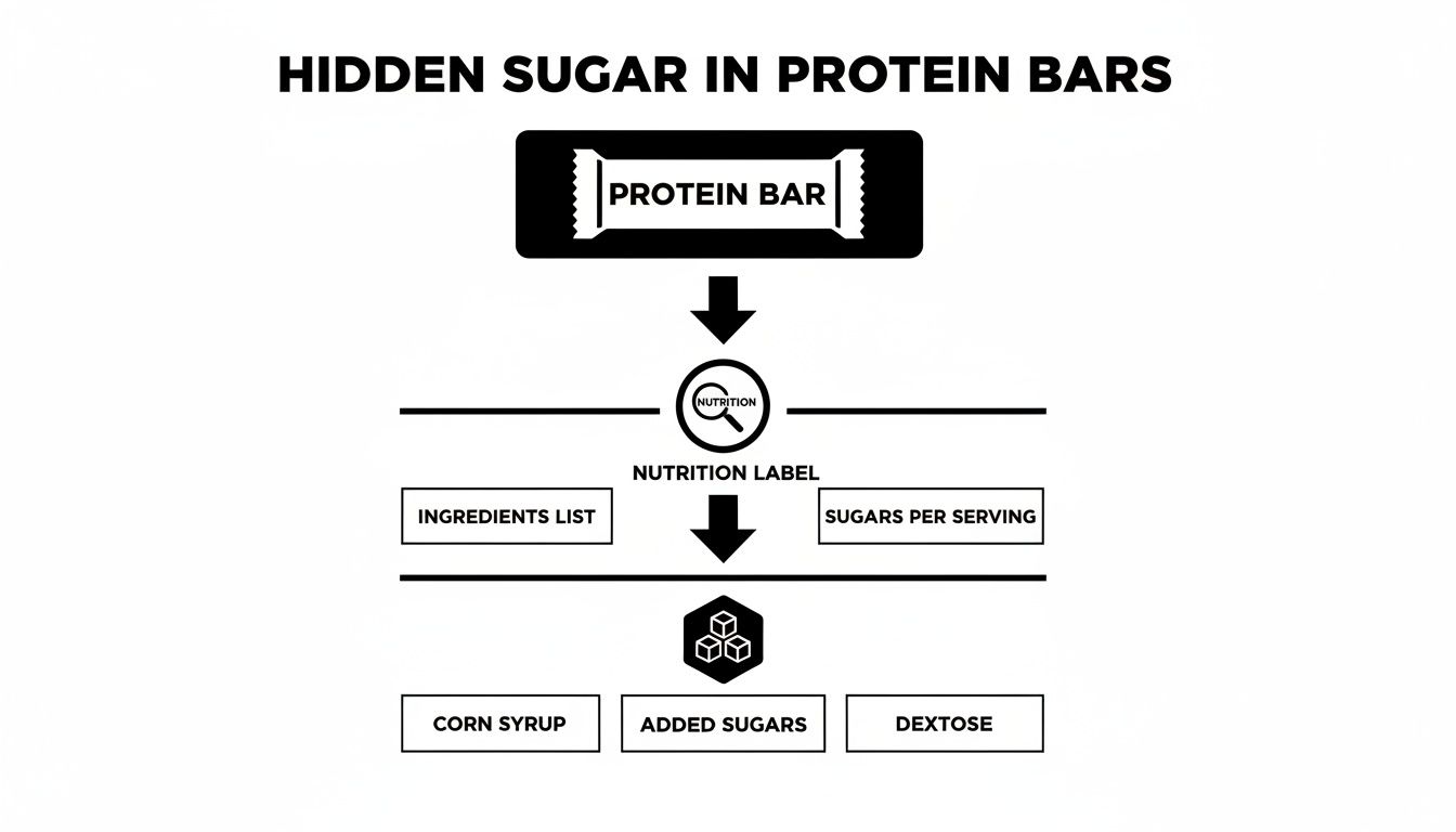 Flowchart shows how to find hidden sugars in protein bars by checking the nutrition label and ingredients list.