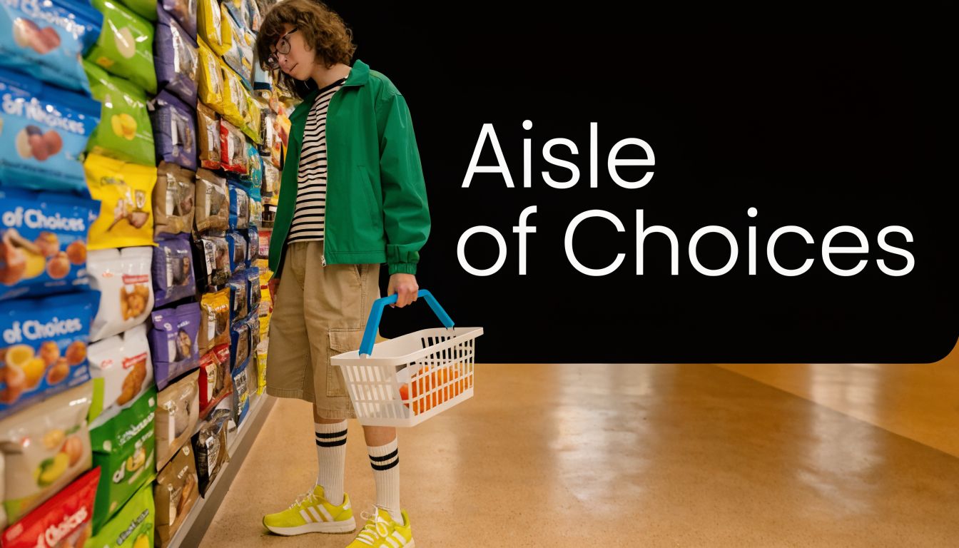 A young person with glasses stands in a grocery store aisle looking at various snack products.