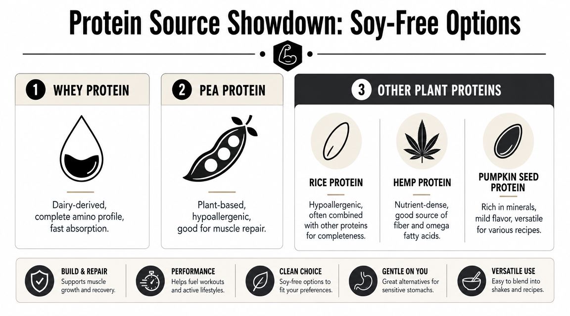 An infographic titled Protein Source Showdown comparing soy-free protein options like whey, pea, rice, hemp, and pumpkin.