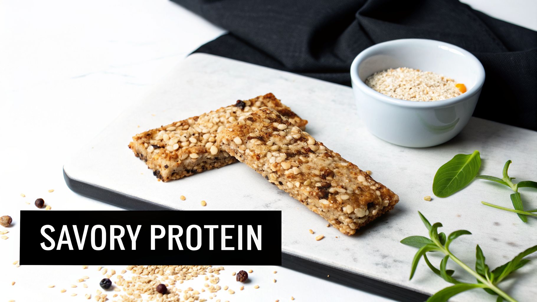 Two savory protein bars topped with sesame seeds on a white cutting board, beside a bowl of grains and fresh herbs.