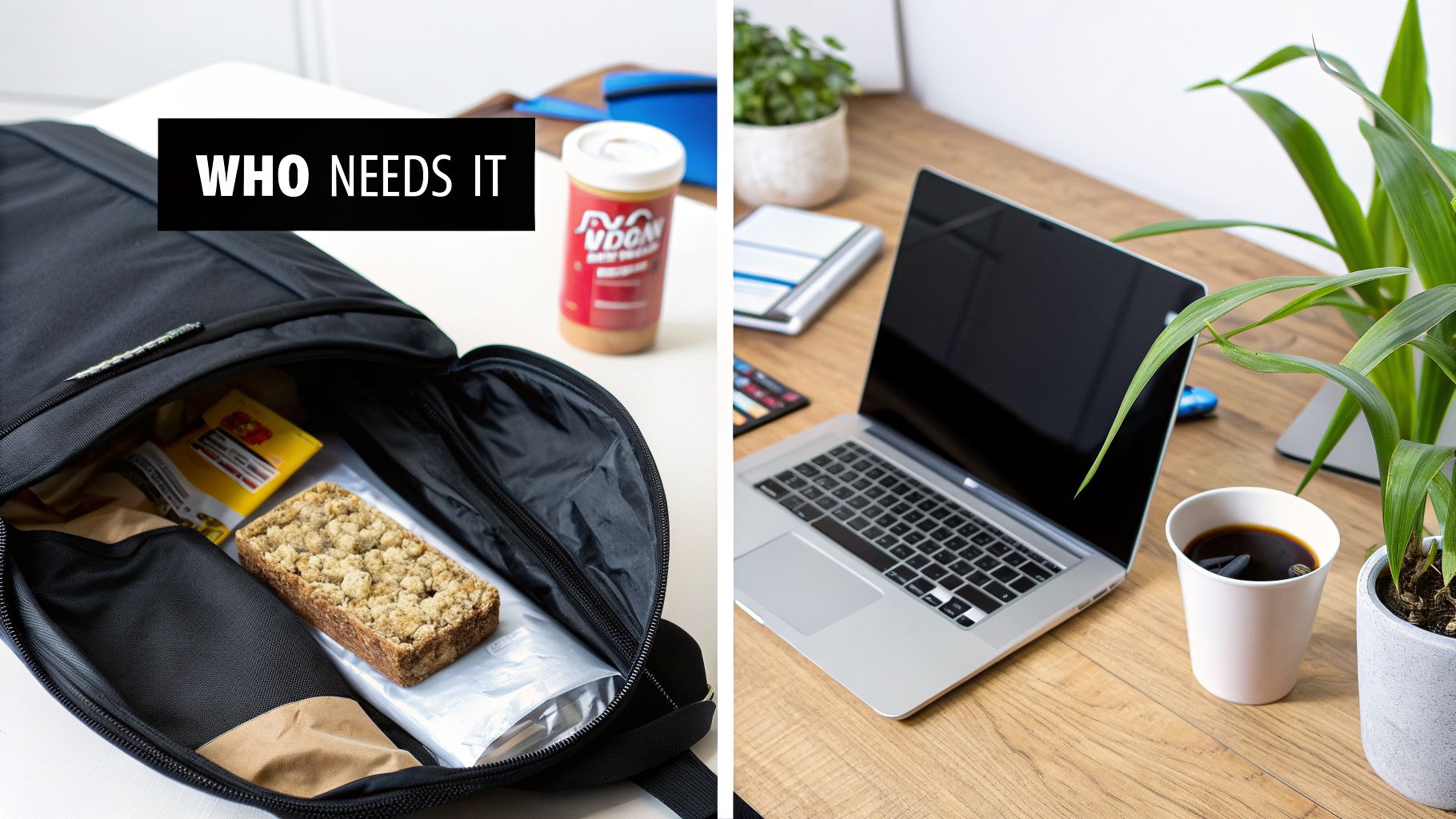 An open backpack containing a protein bar and other snacks, beside a laptop and coffee.