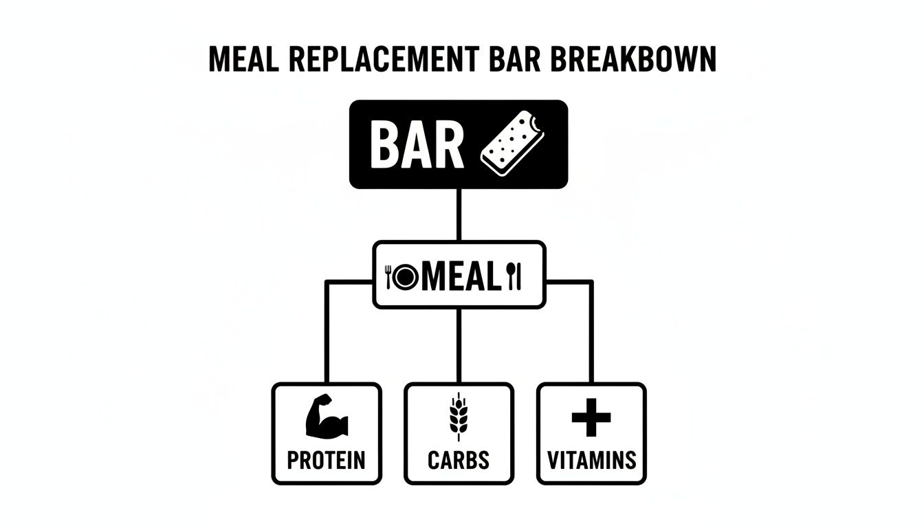 Infographic illustrating the components of a meal replacement bar: protein, carbs, and vitamins.