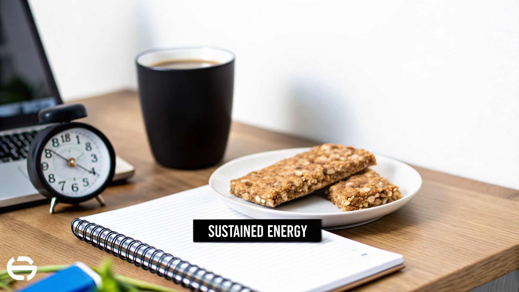A desk setup with an alarm clock, coffee, laptop, notebook, and healthy workspace snacks.