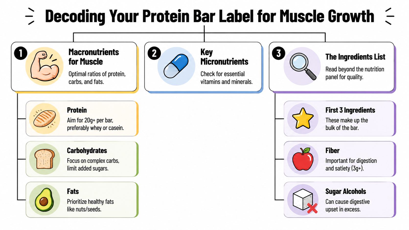A helpful infographic titled Decoding Your Protein Bar Label for Muscle Growth with macronutrient and ingredient tips.