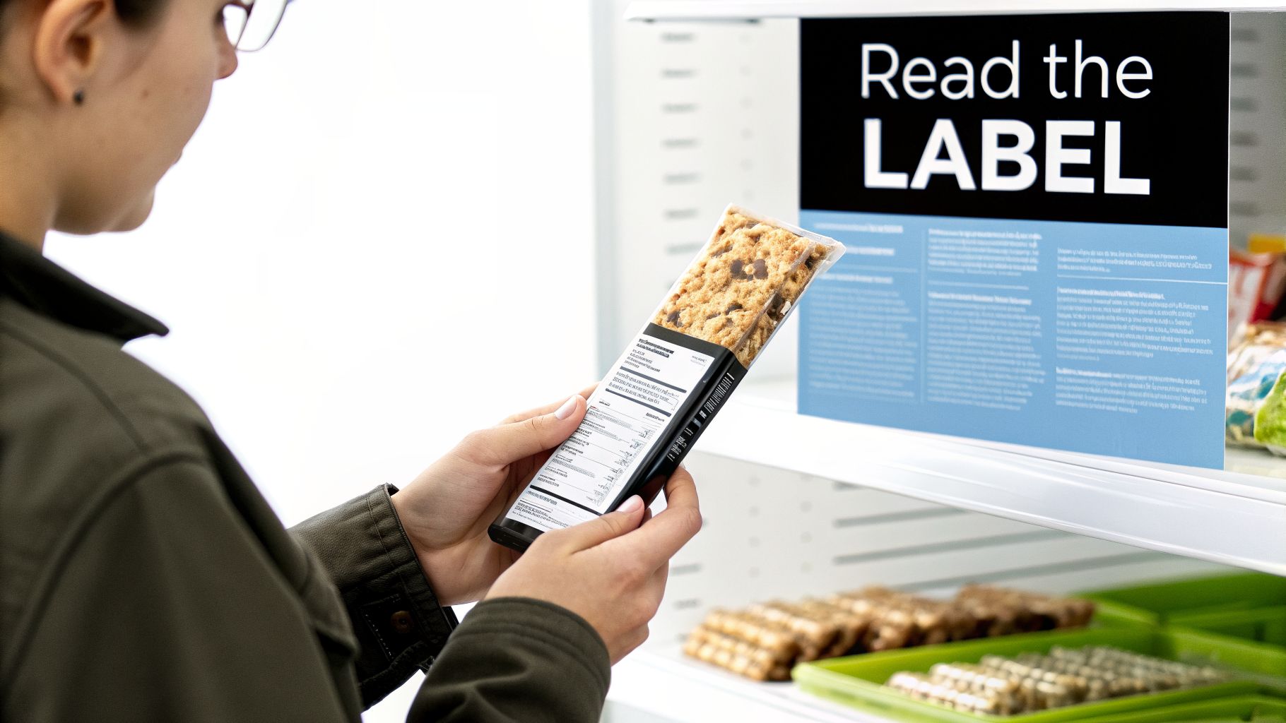 A person in glasses examining the nutrition label on a snack bar in a store aisle.