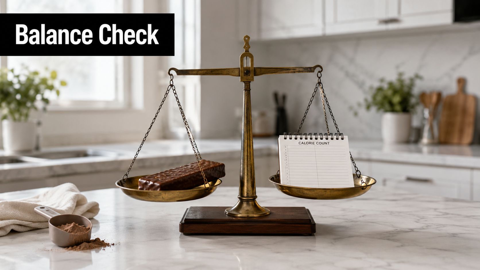 A vintage balance scale with a chocolate bar on one side and a calorie counting notebook on the other.