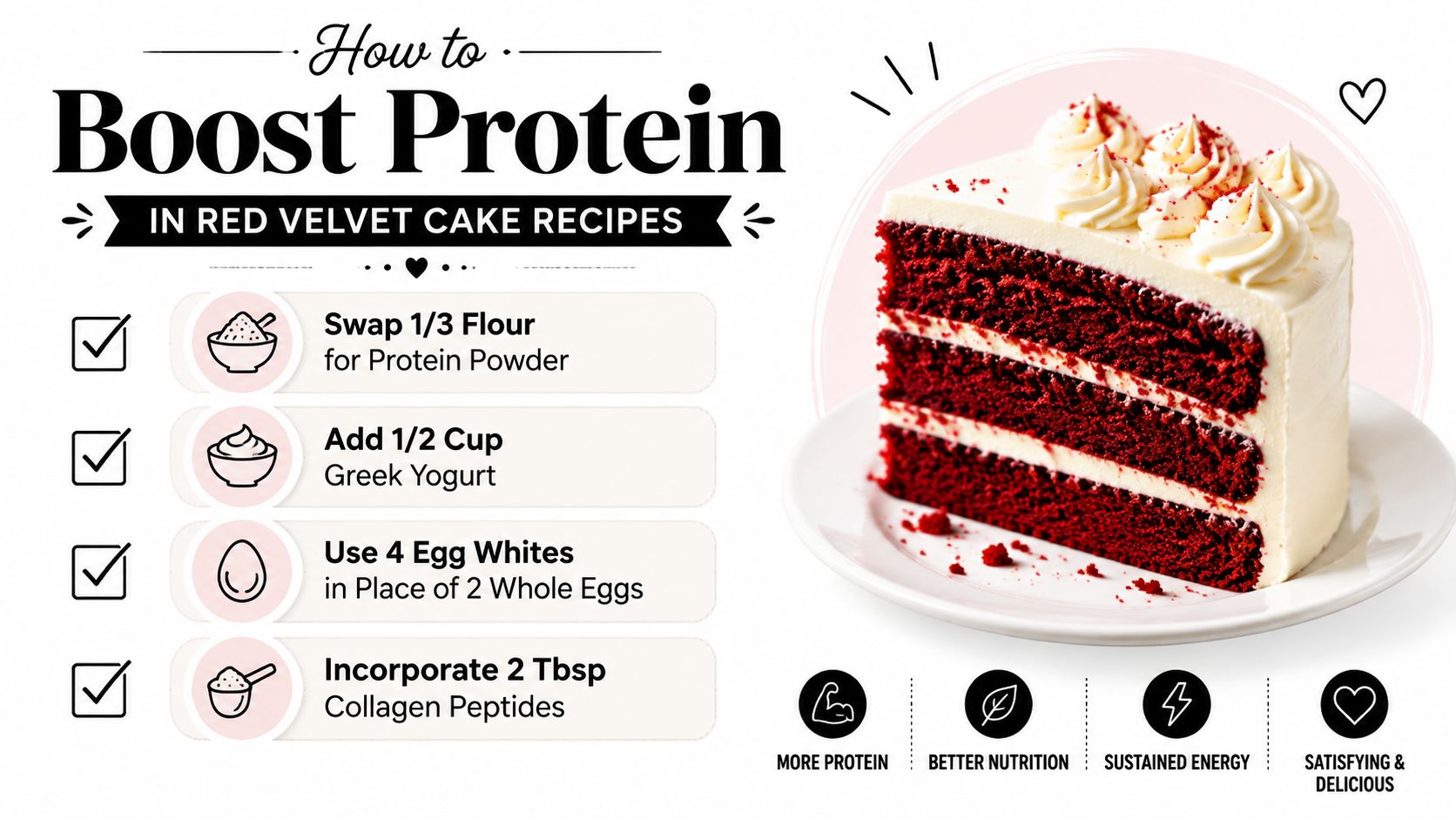 A red velvet cake with an infographic showing four simple methods to boost protein content in recipes.