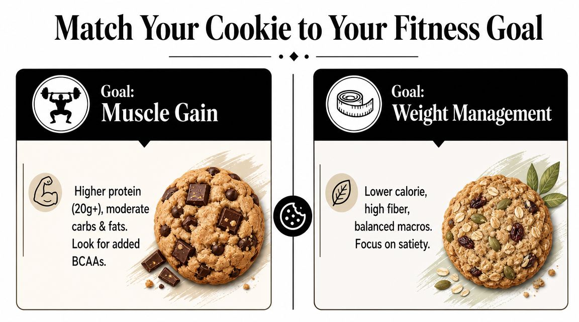 An infographic showing how to choose a cookie based on muscle gain or weight management goals.