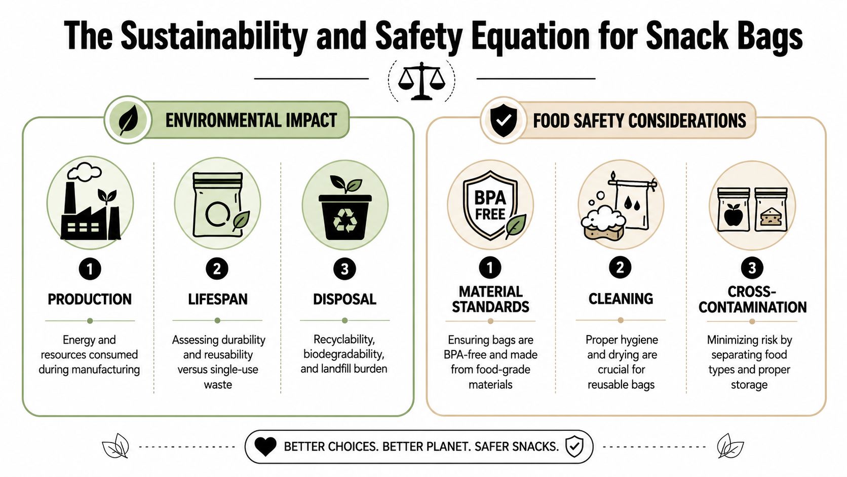 An infographic showing environmental and safety considerations for choosing sustainable and reusable snack bags for snacks.