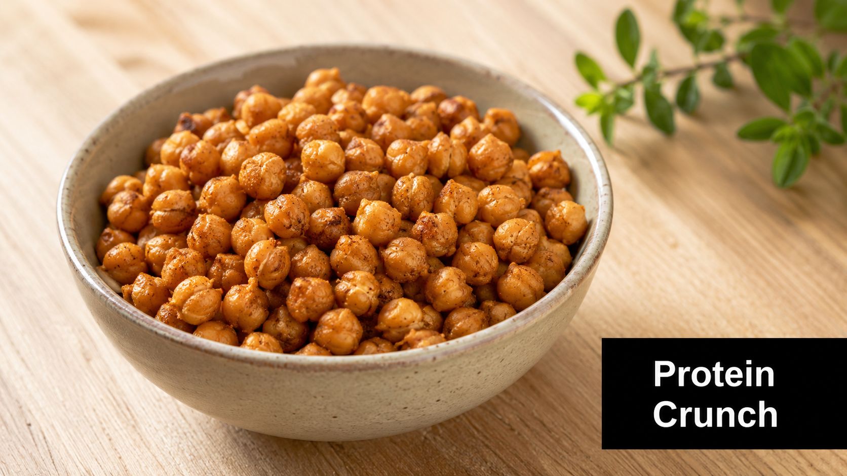 A ceramic bowl filled with crispy roasted chickpeas on a wooden table, representing a healthy snack.