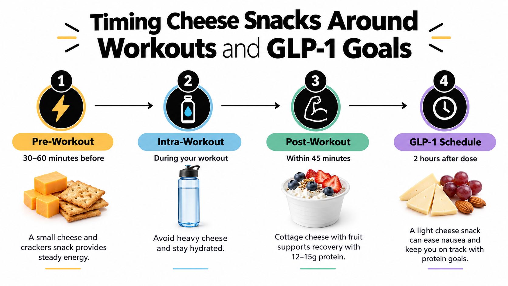 An infographic detailing the optimal timing for consuming cheese snacks around workouts and GLP-1 medication schedules.
