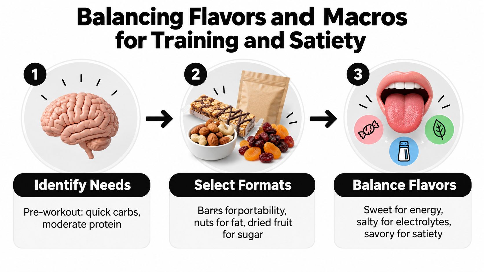 An infographic illustrating three steps for balancing flavors and macros for training, including identifying needs, selecting formats, and balancing flavors.