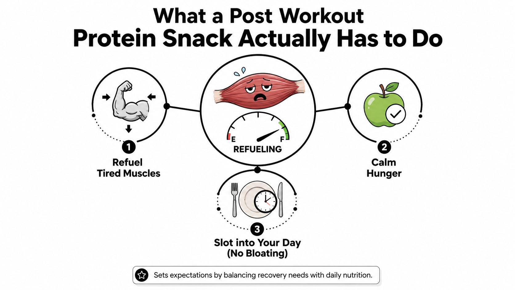 An infographic titled What a Post Workout Protein Snack Actually Has to Do, illustrating three key functional requirements.