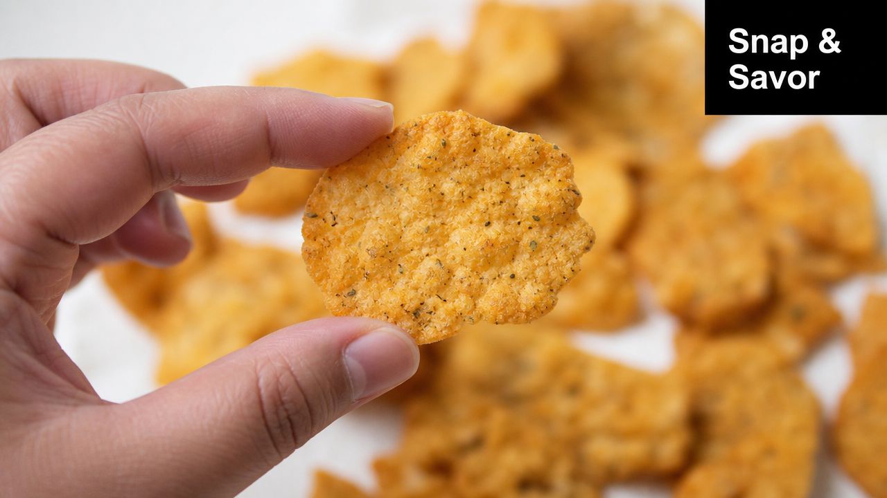 A hand holds a single textured protein chip against a blurred background of multiple crispy snacks.