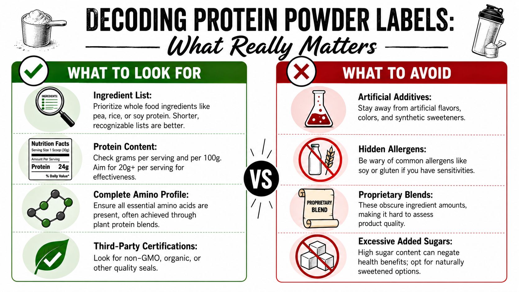 An infographic titled Decoding Protein Powder Labels explaining what ingredients and certifications to look for or avoid.
