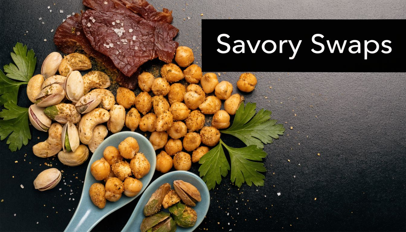 A savory snack mix featuring dried meat, roasted chickpeas, nuts, and fresh herbs on a dark surface.