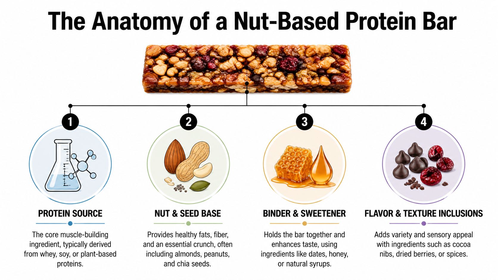 A diagram illustrating the four main components of a nut-based protein bar including protein, nuts, sweeteners, and flavorings.