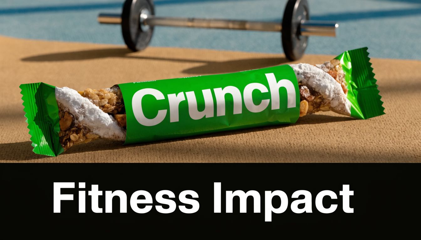 A green energy bar with the word Crunch printed on it lying on a gym mat.