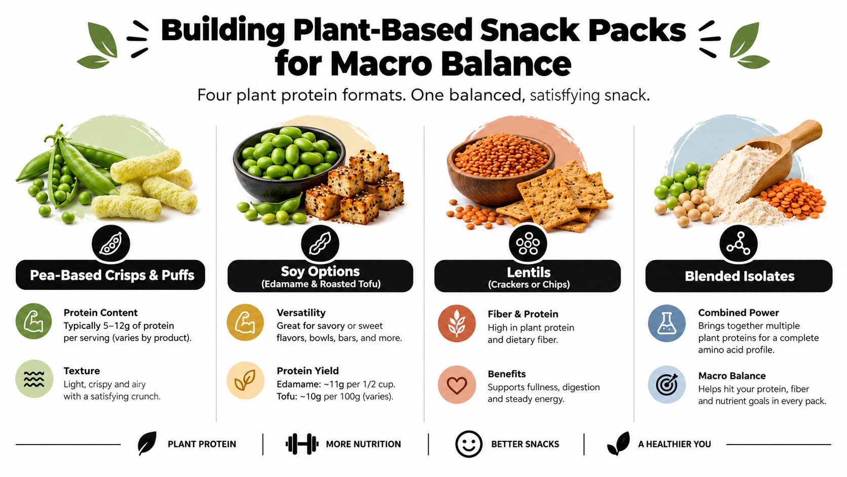 An infographic titled Building Plant-Based Snack Packs for Macro Balance, illustrating four different high-protein vegan snack options.