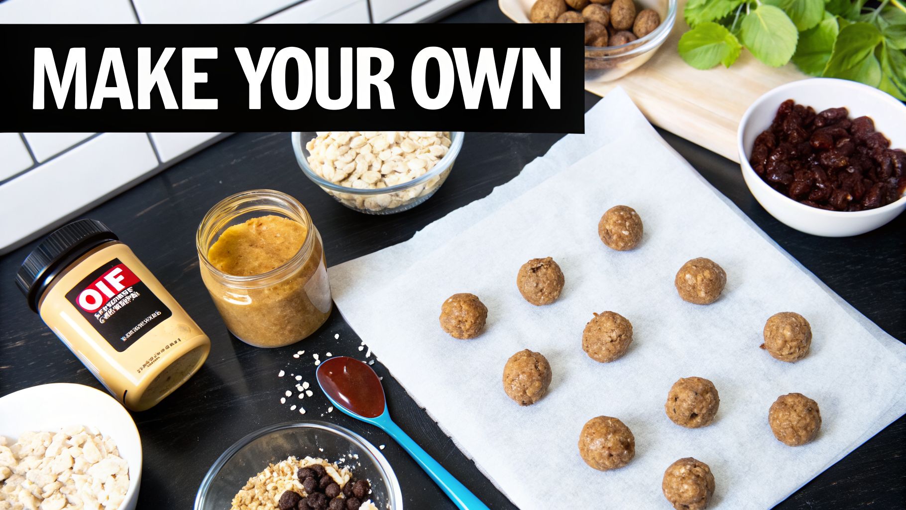 Homemade peanut butter energy balls on parchment paper with ingredients like oats and chocolate chips.