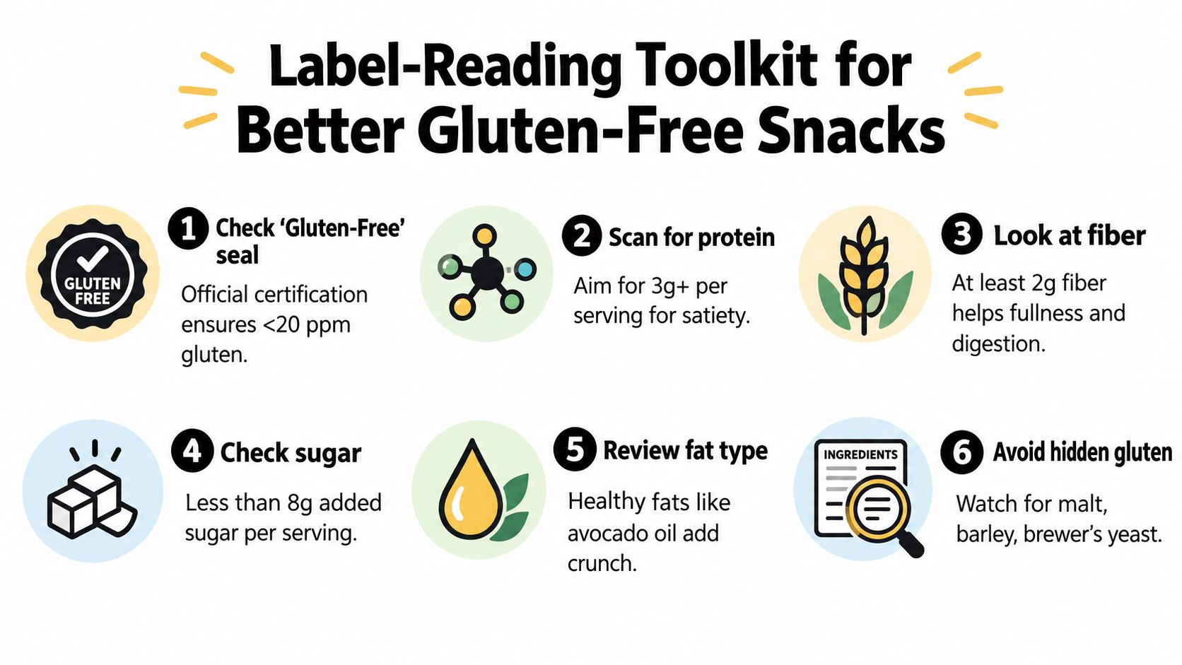An infographic titled Label-Reading Toolkit for Better Gluten-Free Snacks, outlining six tips for selecting healthy gluten-free snacks.