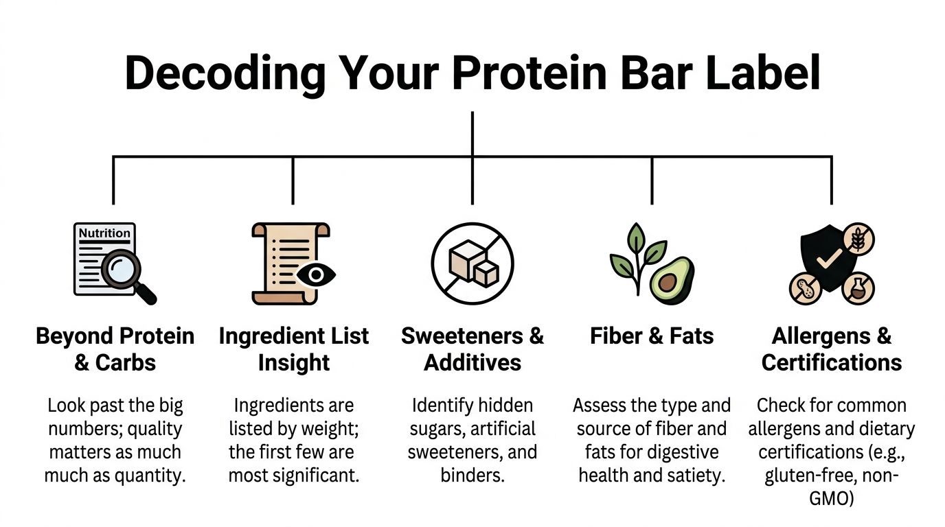 An infographic titled Decoding Your Protein Bar Label, illustrating five key factors to evaluate when reading nutritional packaging.