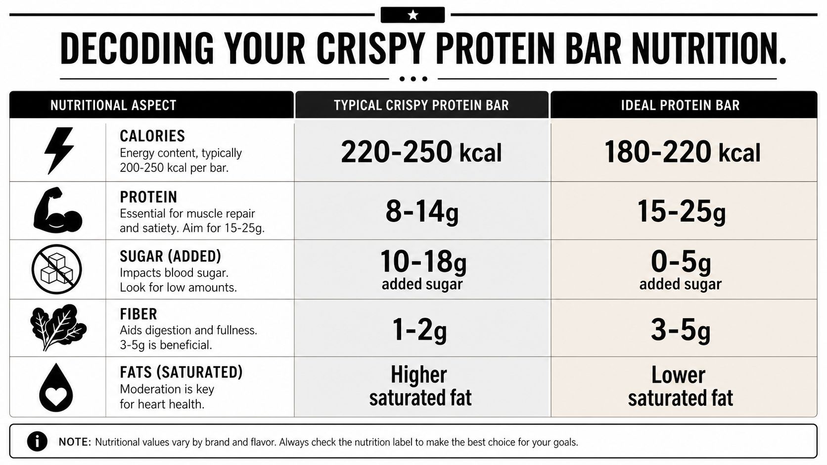 A comparison chart showing nutritional aspects of typical versus ideal crispy protein bars for health conscious consumers.