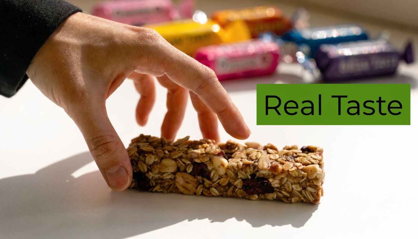 A person reaches for a healthy granola nut bar on a white surface near various candy bars.