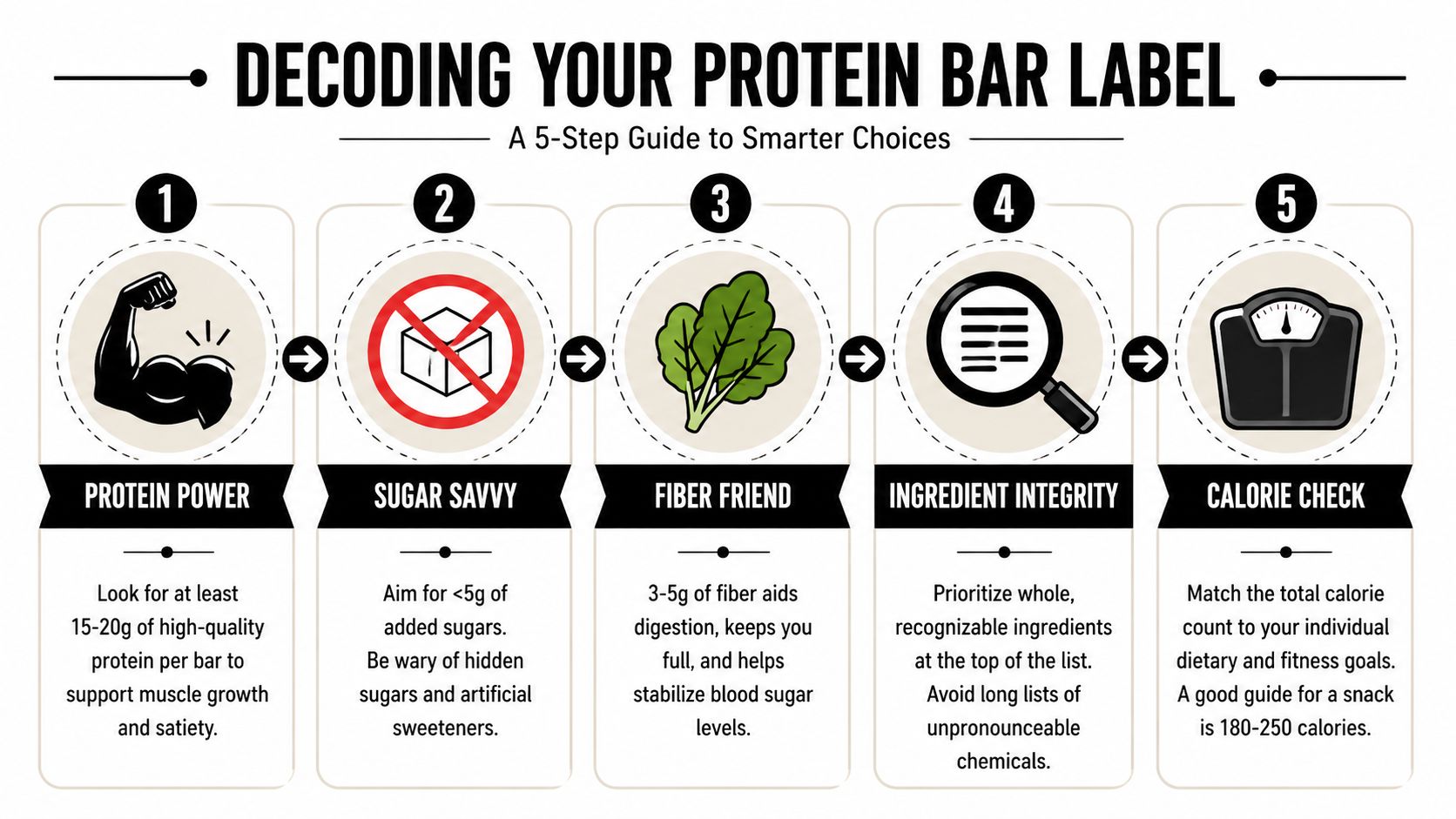 A 5-step infographic guide on how to choose healthy protein bars based on nutritional label information.