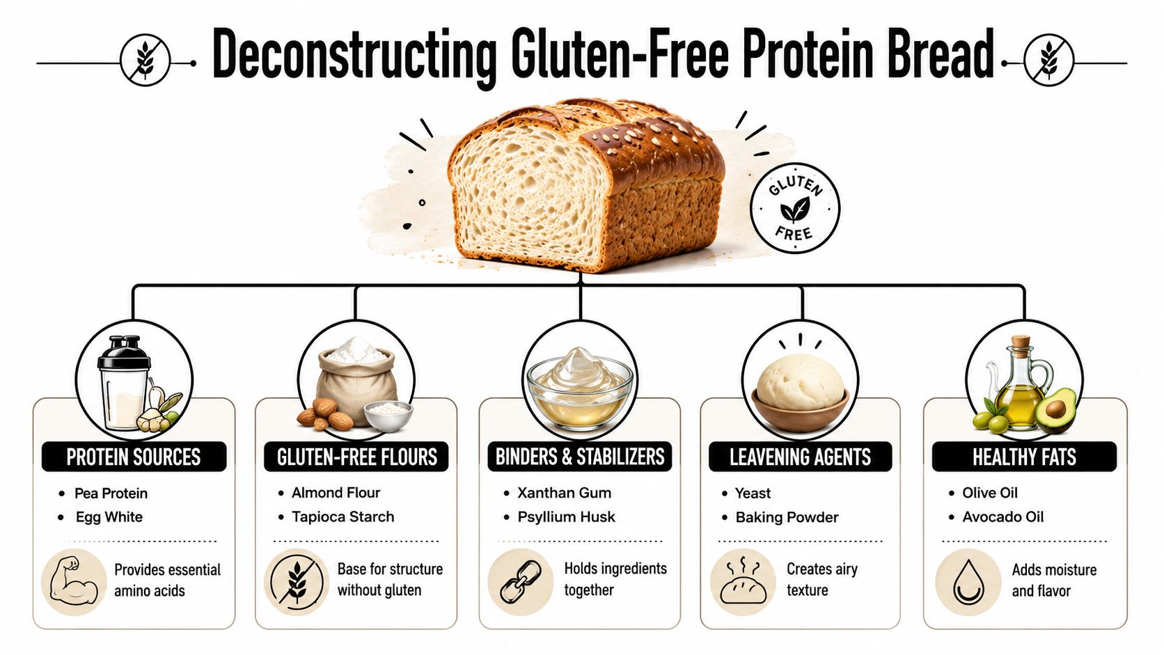A diagram illustrating the components of gluten-free protein bread including protein, flours, binders, leavening agents, and fats.