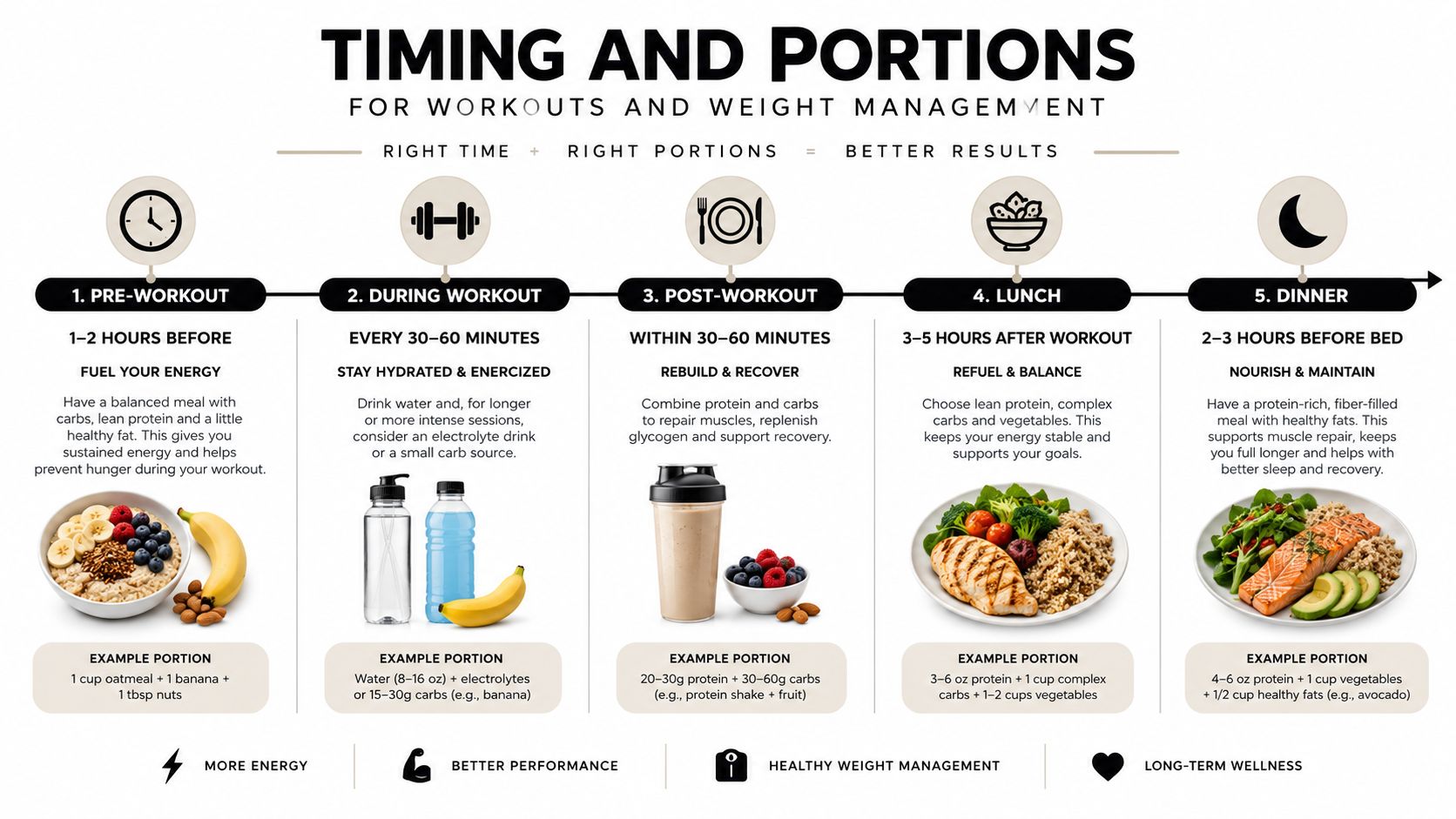 A nutritional guide infographic illustrating recommended meal timing and portion sizes for workouts and weight management.