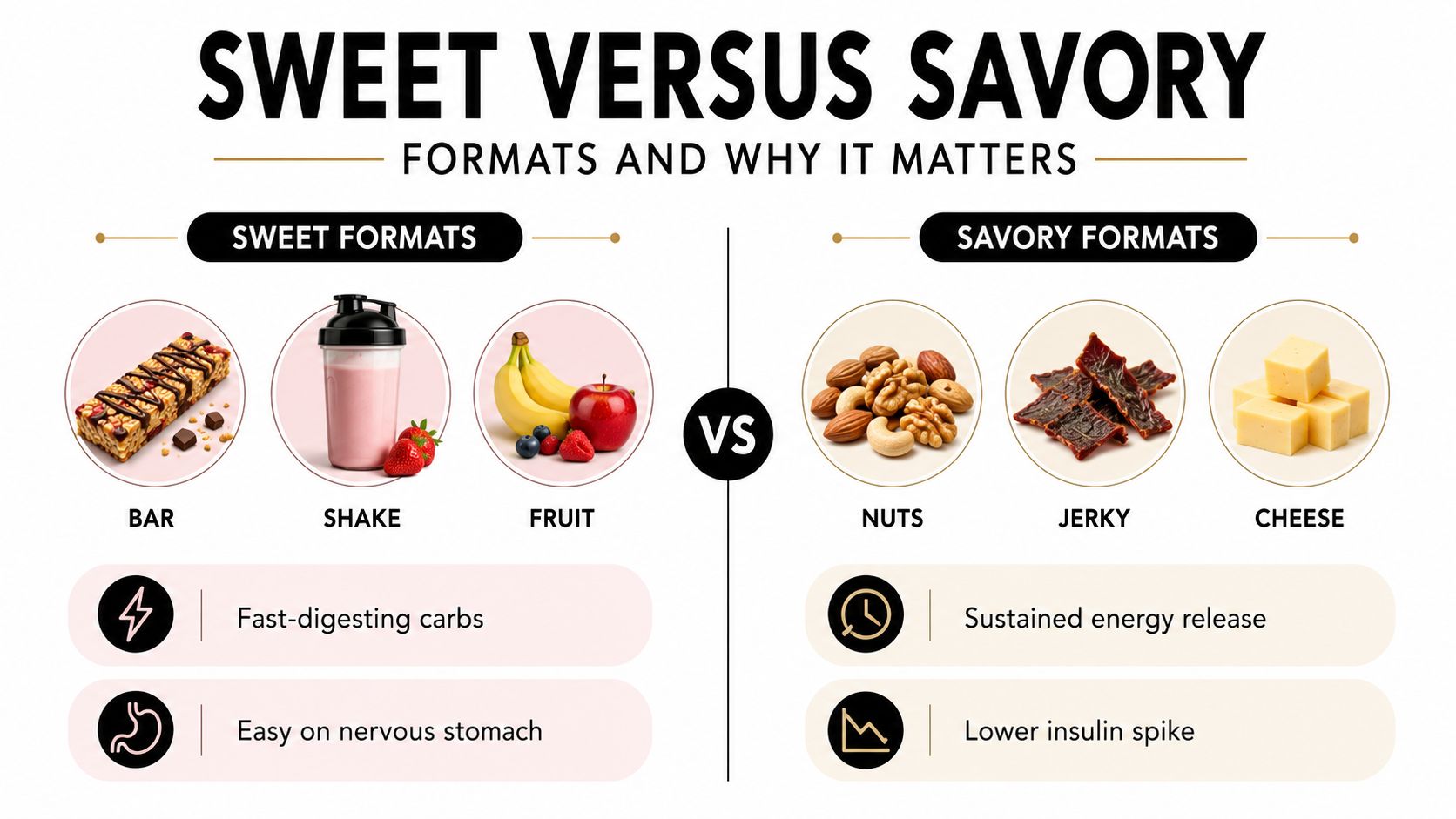 An infographic comparing sweet snacks versus savory snacks for workout nutrition and their physiological effects.