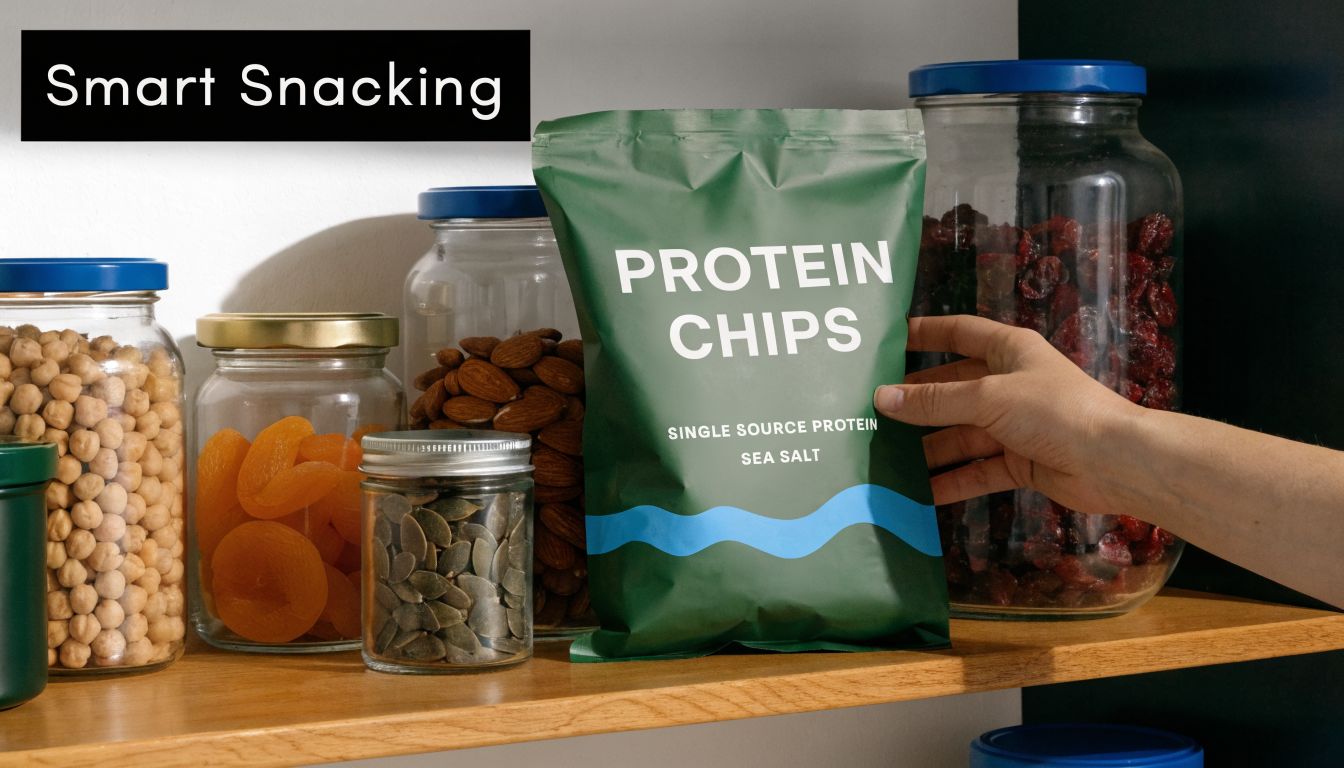 A hand holds a bag of Protein Chips in front of glass jars filled with various healthy snacks.